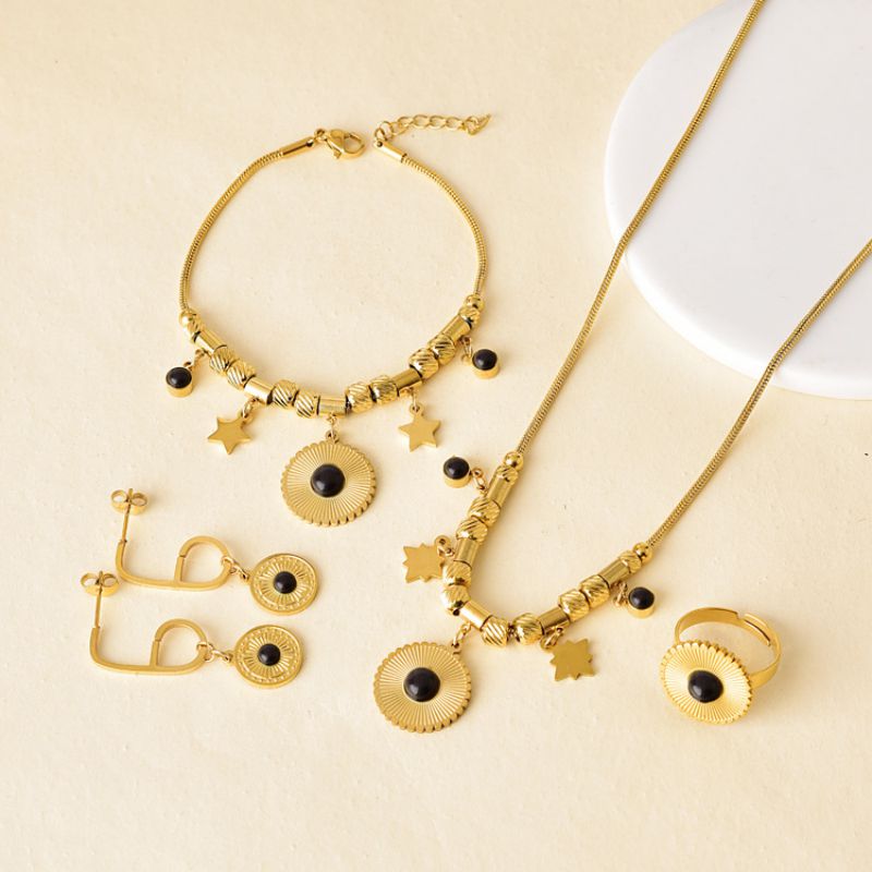 Conjunto De Pendientes Pulsera Anillo Y Collar Con Estrella De Cinco Puntas Pino Azul Acero Titanio