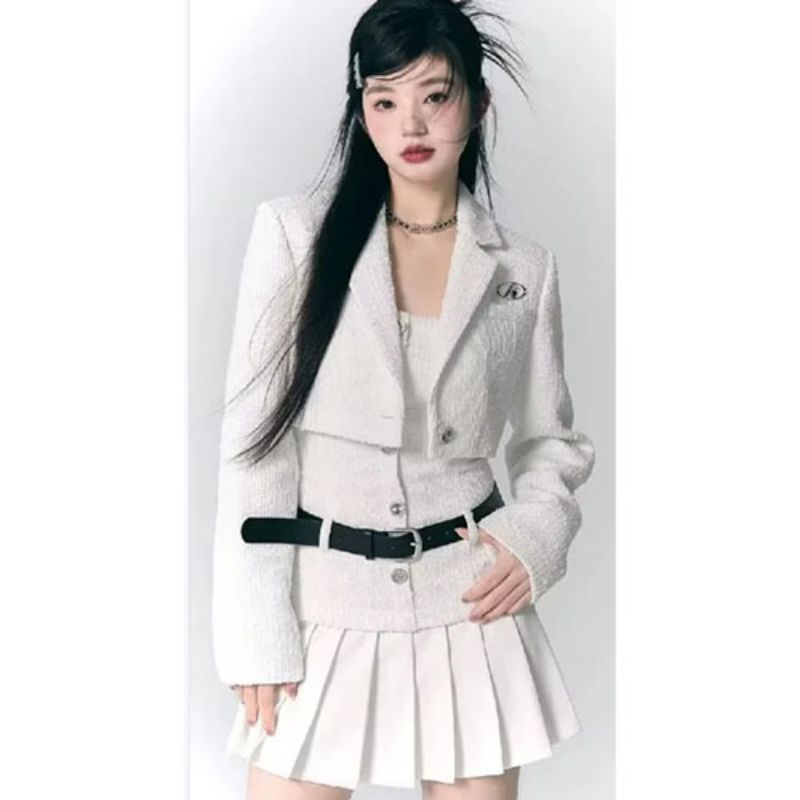 Traje Falda De Encaje Abotonado Blazer De Un Solo Botón Con Solapa De Poliéster