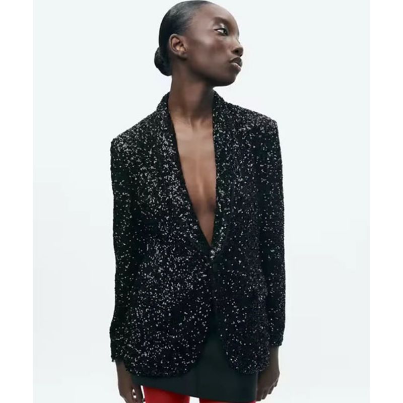 Blazer Solapa Lentejuelas Bolsillos