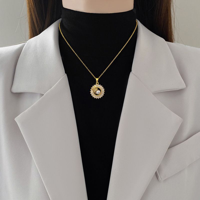 Fashion Necklace [titanium Steel Chain Copper Pendant] Titanium Steel Diamond Ring Necklace