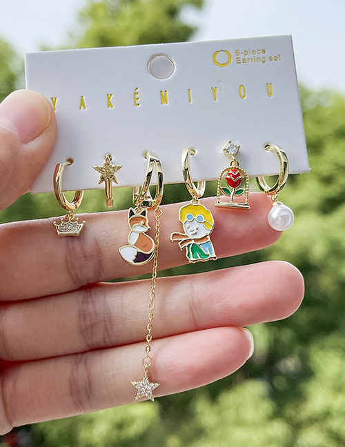 Fashion Gold Copper Inlaid Zircon Drip Oil Little Prince Fox Pendant Chain Earrings Set Of 6