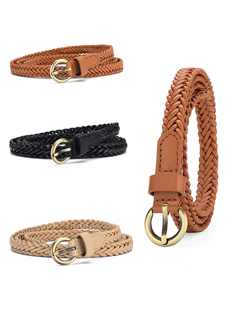 Fashion Black Pu Copper Buckle Braided Thin Belt