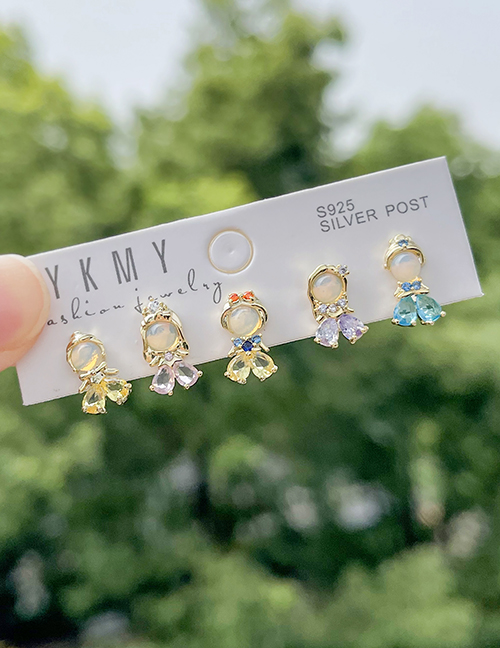 Fashion Gold Set Of 5 Copper Inlaid Zircon Princess Stud Earrings
