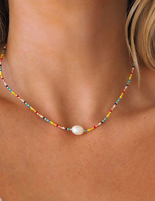 Fashion 1# Multicolored Rice Bead Beaded Pearl Necklace
