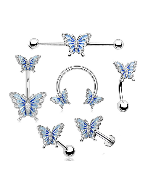 Anillo De Herradura Perforante De Mariposa Con Incrustaciones De Diamantes De Acero Titanio