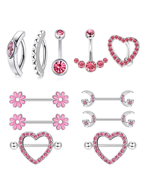 Juego De Anillos De Pecho Con Piercing De Luna Y Flor De Amor Con Incrustaciones De Diamantes De Acero Titanio