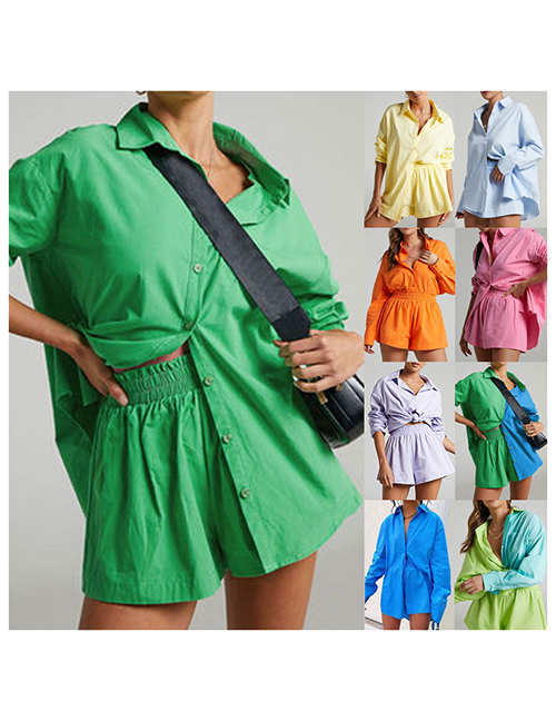 Fashion Light Purple Cotton Single-breasted Shirt And Shorts Set