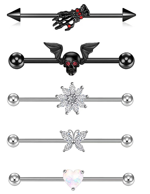 Fashion 5 In 1 Stainless Steel Diamond Heart Flower Butterfly Skull Piercing Stud Earrings Set