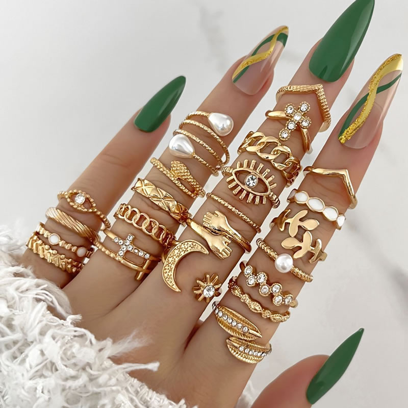 Fashion 1# Alloy Diamond Pearl Eye Cross Star Moon Leaf Ring Set