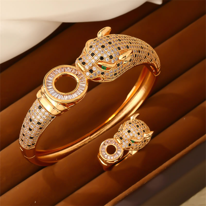 Fashion Golden Suit Gold Plated Copper And Diamond Leopard Ring Bracelet Set