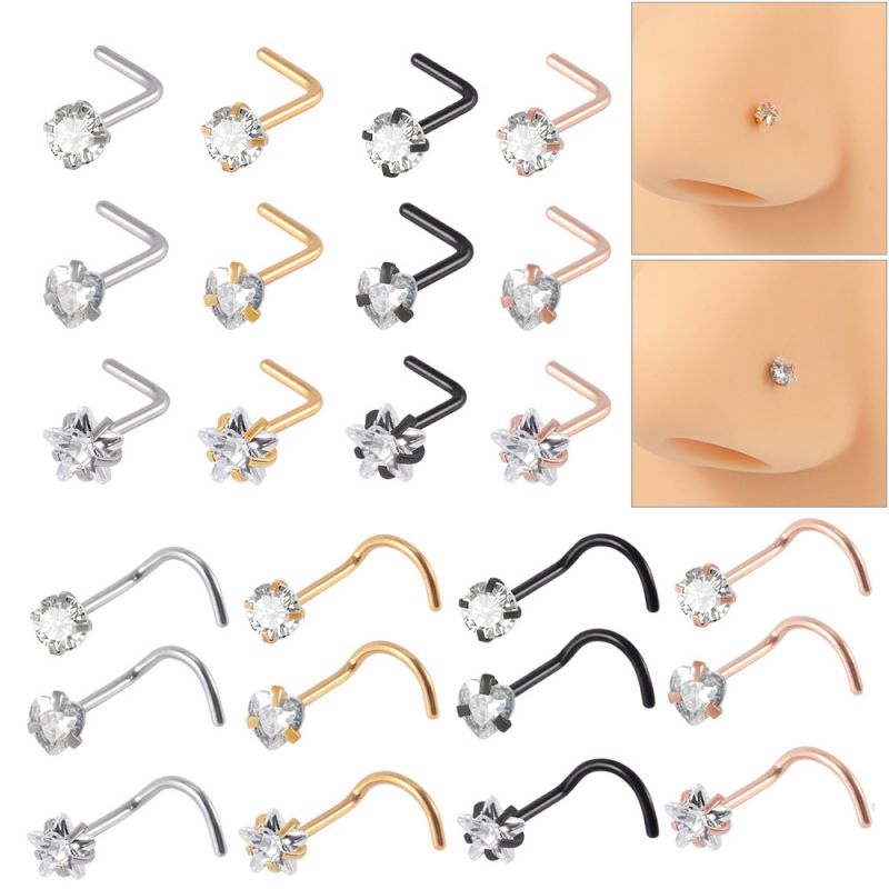 Fashion Rose Gold S Shape - Round White Zirconium Stainless Steel Inlaid Zirconium Geometry Piercing Nose Nail