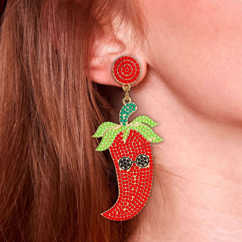Fashion Gold Metal Rice Bead Red Pepper Earrings