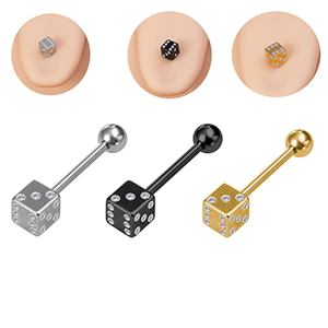 Clavo De Lengua Piercing De Dados De Circonio Con Incrustaciones De Acero Inoxidable