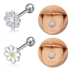 Clavo De Lengua Piercing Flor De Acero Titanio