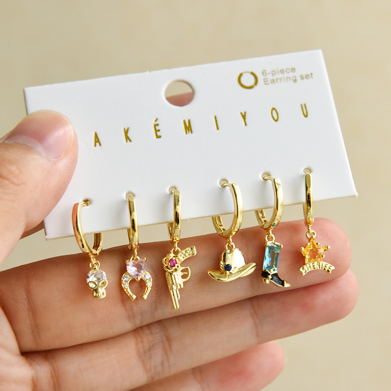 Fashion Gold Copper Inlaid Zircon Boots Hat Pistol Pendant Earrings 6-piece Set