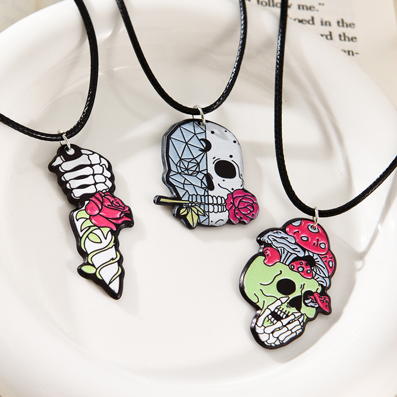 Fashion Black 3 Pu Resin Halloween Skull Flower Pendant Necklace