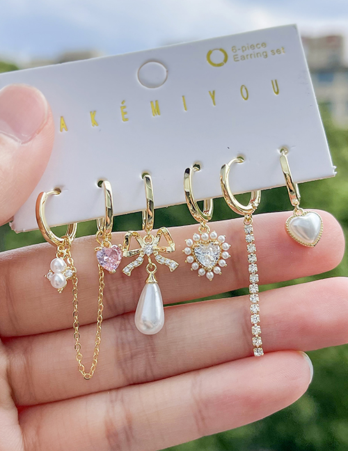 Fashion Gold Copper Inlaid Zirconia Heart Bow Pearl Earring Set