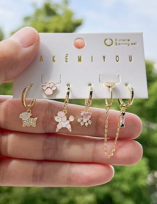 Fashion Pink Copper Inlaid Zircon Drop Oil Animal Heart Chain Pendant Earrings Set Of 6