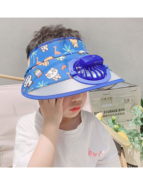Fashion Blue Dinosaur Fan Hat [send Windproof Rope] Plastic Cartoon Printed Children's Sunscreen Hat With Fan Empty Top (live)
