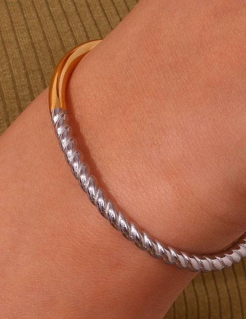 Fashion Two-color Stainless Steel Glossy Twisted Color Block Cuff Open Bracelet