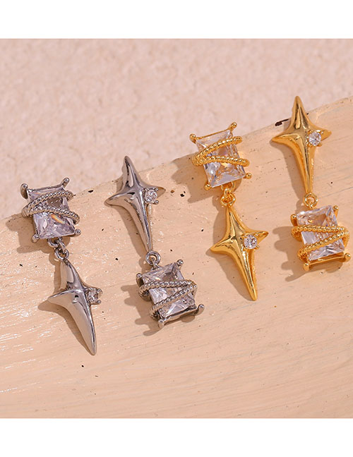 Fashion Gold Stainless Steel Gold Plated Square Zirconia Wrapped Four Pointed Star Stud Earrings