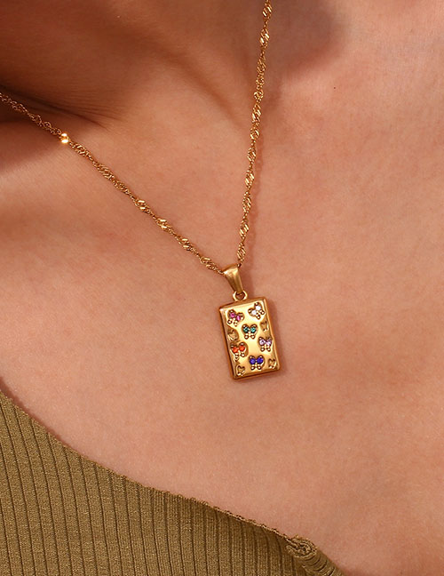 Fashion Gold Titanium Steel Gold Plated Diamond Butterfly Square Necklace