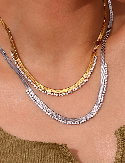 Fashion Gold Gold-plated Zirconia Herringbone Necklace In Stainless Steel