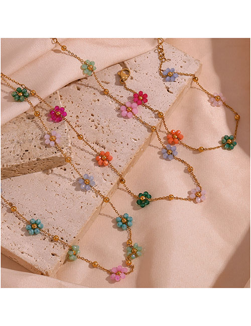 Fashion Handmade 7 Colorful Small Flower Chain Necklace 38+5cm-gold Titanium Steel Colorful Beaded Flower Necklace