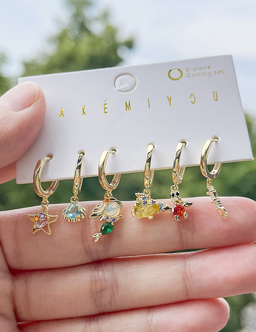 Fashion Color Set Of 6 Copper Inlaid Zircon Starfish Mermaid Stud Earrings