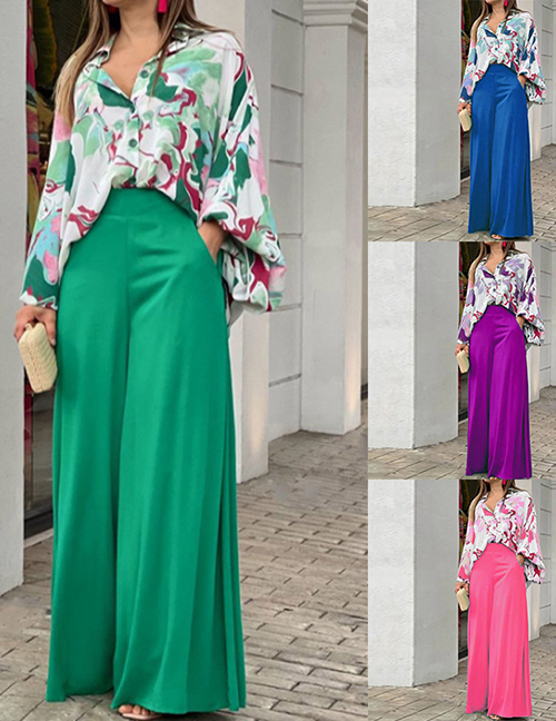 Fashion Blue Cotton Printed Shirt Wide Leg Pants Set