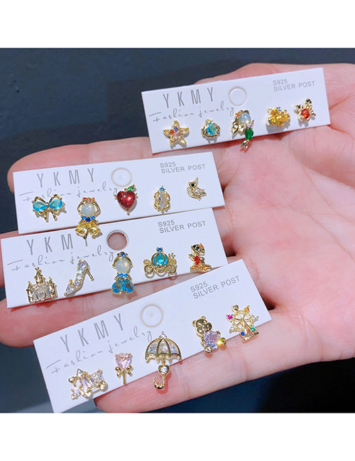 Fashion Fantasy Playground Copper Inlaid Zirconium Umbrella Bear Waterwheel Earring Set