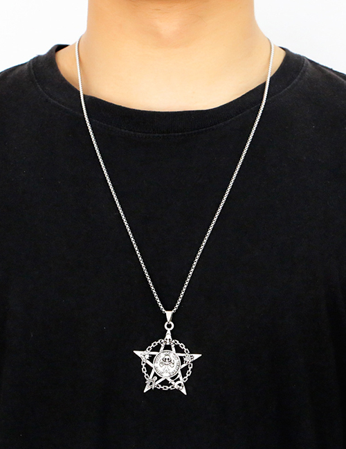 Fashion Silver Titanium Steel Skull Hexagram Necklace