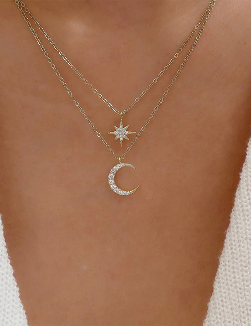 Fashion Platinum Silver Diamond Star Moon Double Layer Necklace