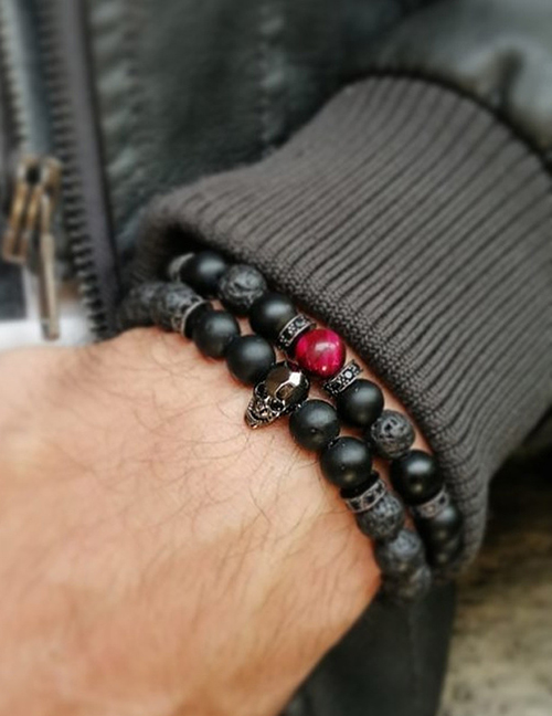 Fashion Black Volcanic Bead Beaded Zirconia Skull Bracelet Set