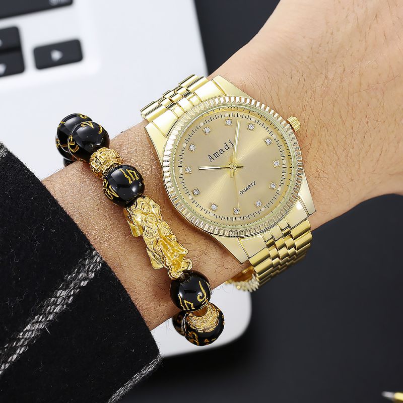 Conjunto De Pulsera Con Cuentas Y Reloj Redondo De Acero Inoxidable Para Hombre