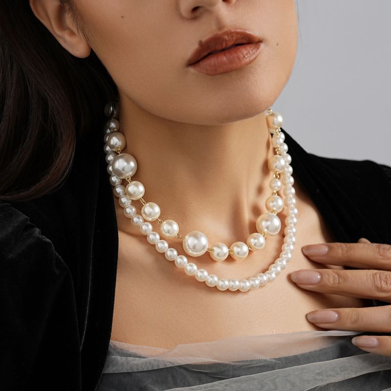 Collar Doble De Perlas Grandes Y Pequeñas
