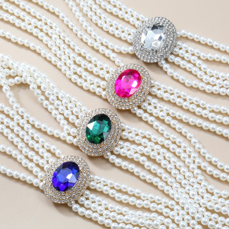 Collar Ovalado De Diamantes Y Cuentas De Perlas Multicapa De Aleación