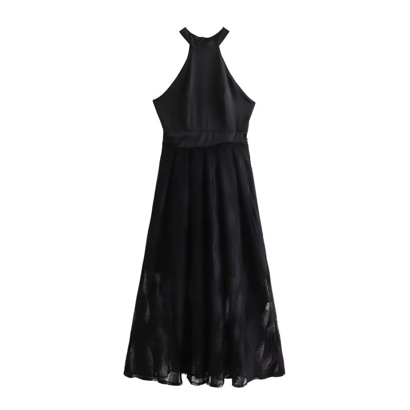 Vestido Largo Con Cuello Halter De Malla De Encaje