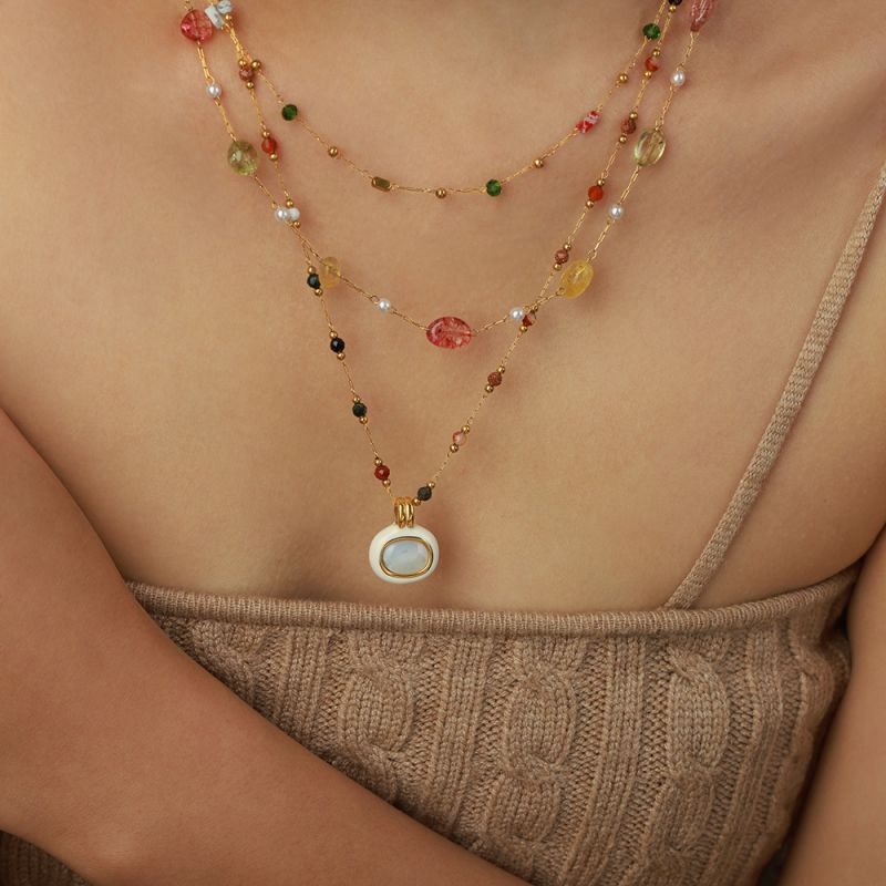 Collar De Piedra Natural Geométrica Con Gota De Aceite De Acero Y Titanio