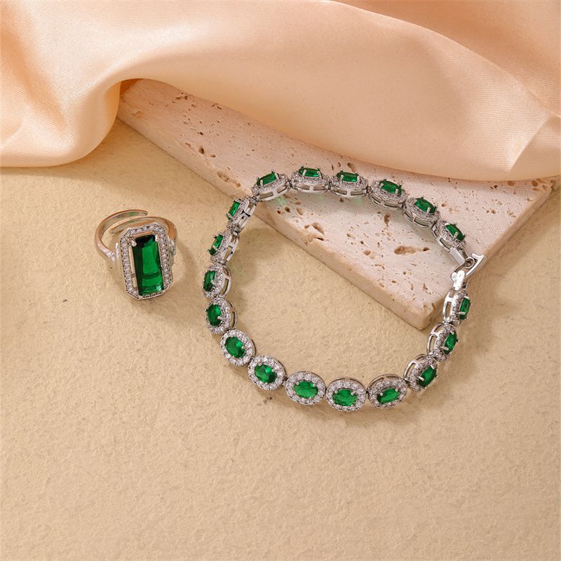 Fashion 1# Copper Set Oval Zirconium Geometric Ring Bracelet Set