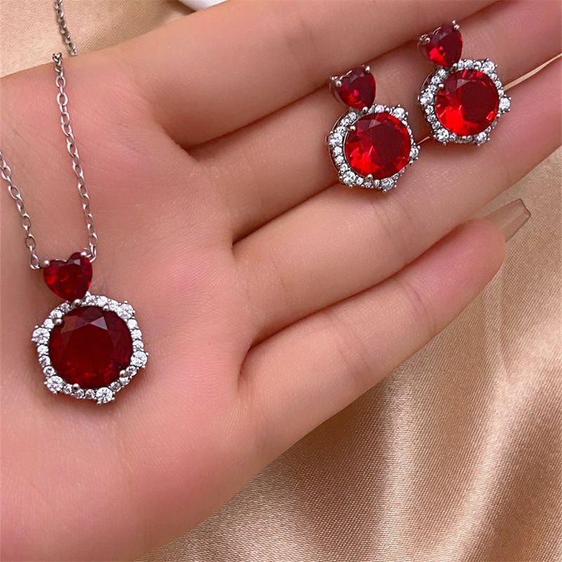 Fashion 5# Copper Diamond Round Necklace And Earrings Set