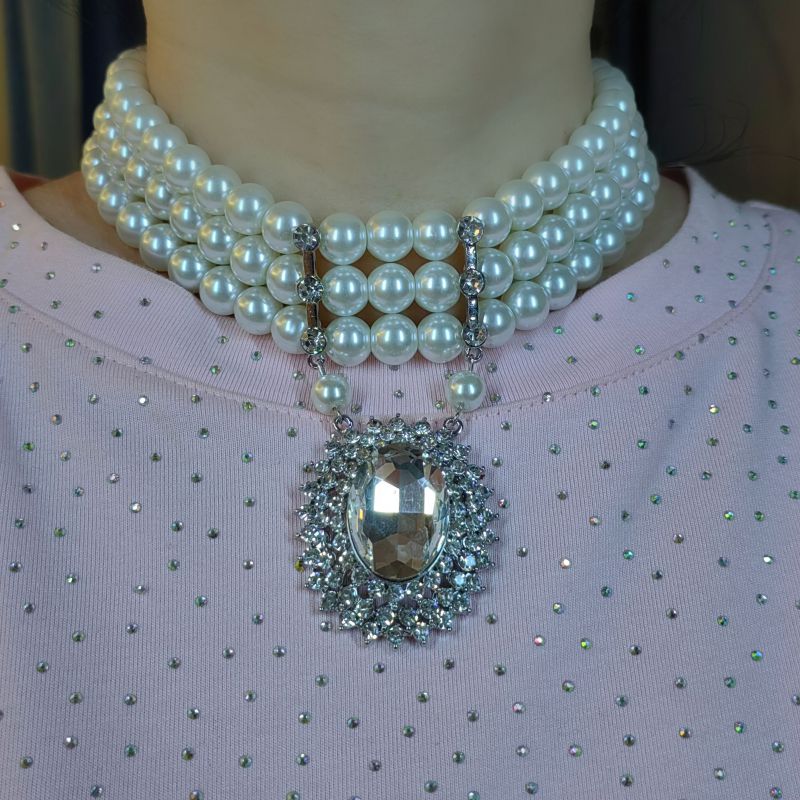 Collar De Diamantes De Imitación Ovalados Con Cuentas De Perlas Multicapa