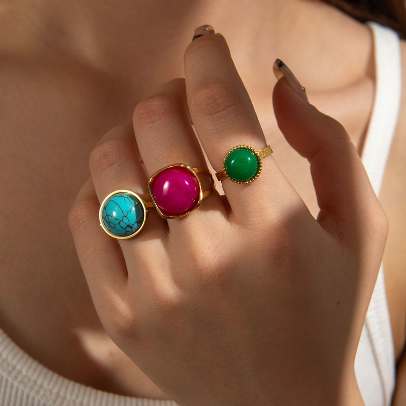 Anillo Abierto Geométrico De Acero Con Piedra Natural