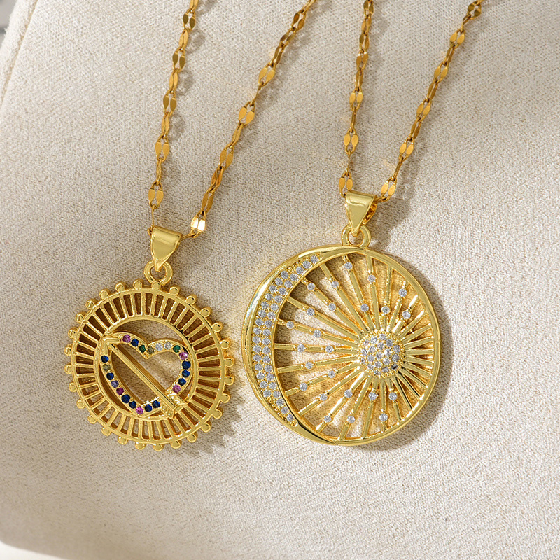 Fashion Golden 1 Titanium Steel Inlaid With Zirconium Round Love Pendant Necklace