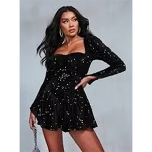 Vestido De Noche De Manga Larga Con Lentejuelas Y Falda Corta