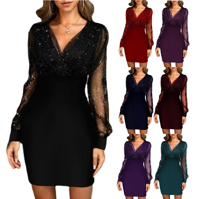 Fashion Claret Mesh V-neck Sequined Long-sleeved Dress And Short Dress