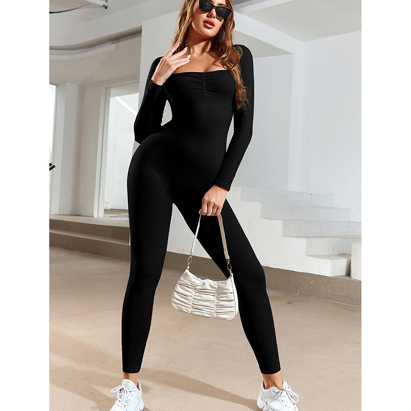Fashion Black Nylon Square Neck Long Sleeve Jumpsuit