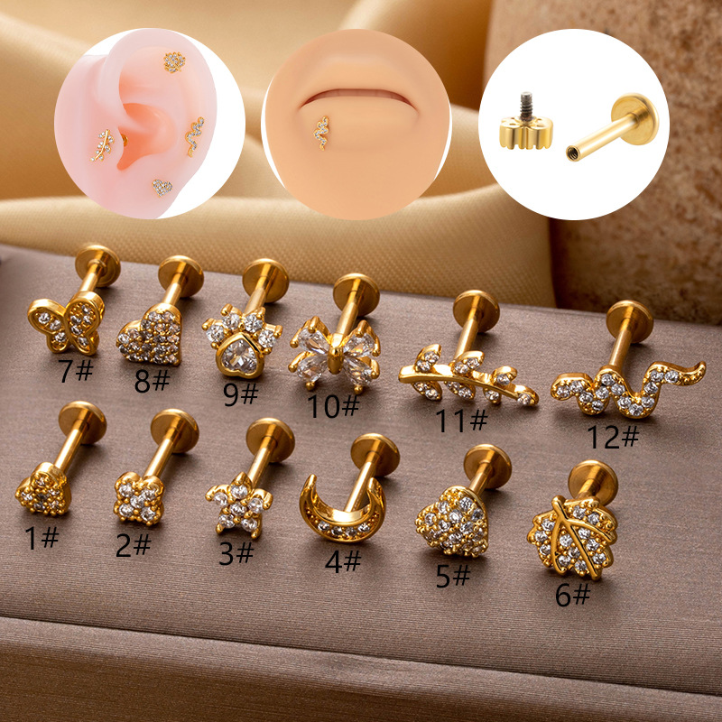 Fashion 1# Silver Stainless Steel Diamond-encrusted Threaded Rod Piercing Lip Nail