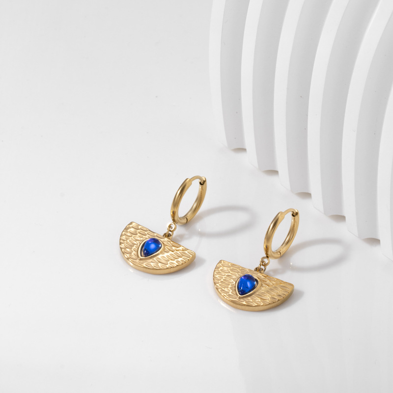 Pendientes Martillados En Forma De Abanico Con Gota De Agua Azul De Acero Titanio