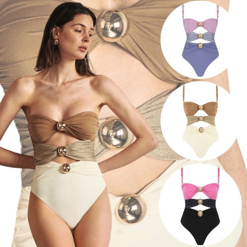Traje De Baño De Una Pieza Con Bloques De Color Huecos Y Botones Dorados De Nailon